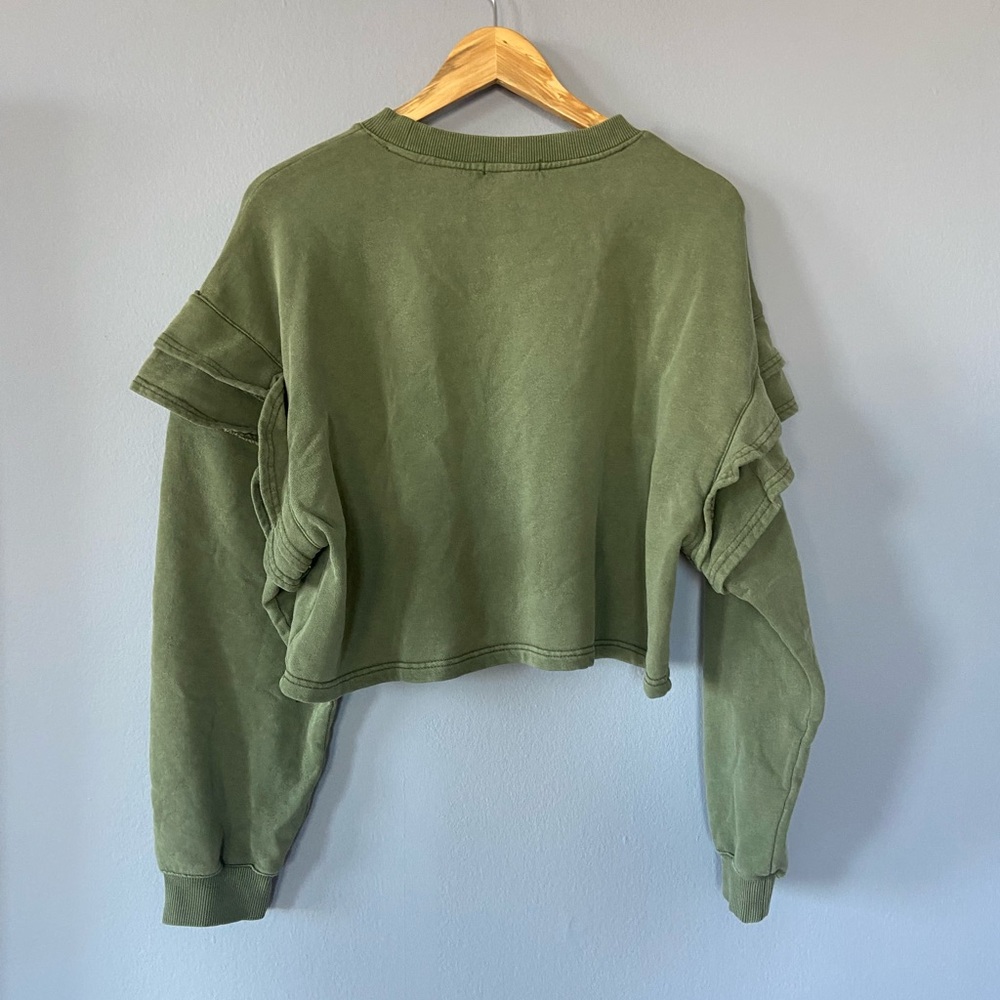 🛑SOLD 7 for All Mankind Army Green Ruffle Sleeve Cropped Sweatshirt - Picture 5 of 6